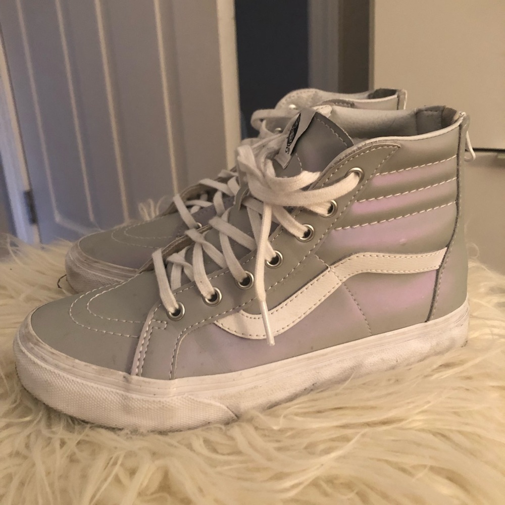 Iridescent grey and white high top vans